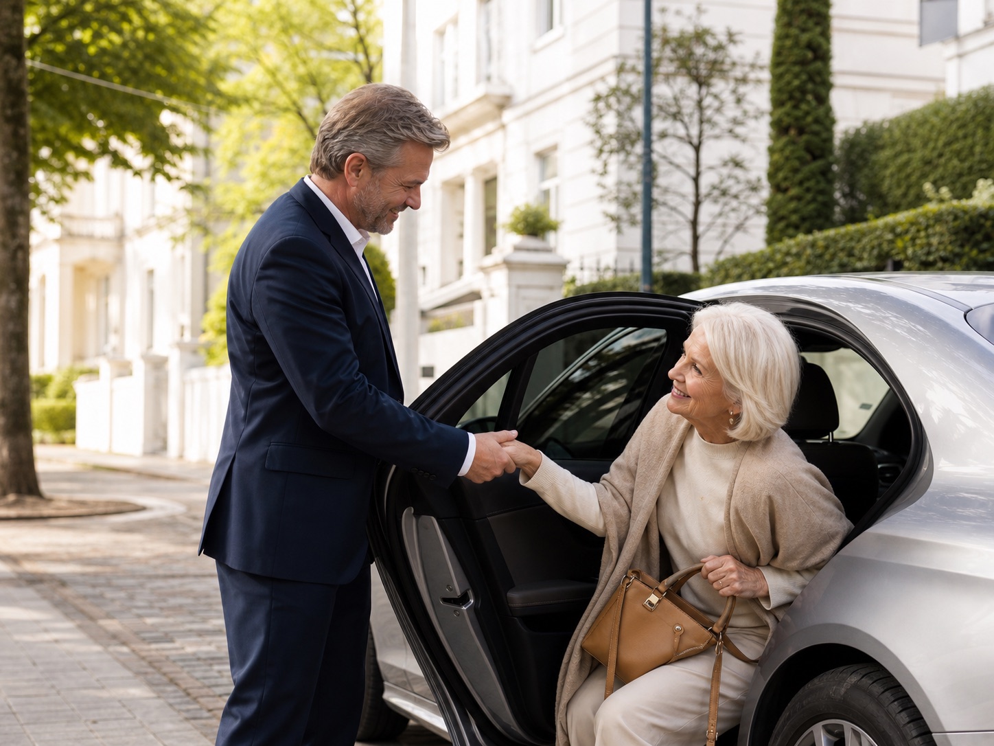 Drive ING Fahrer unterstützt eine Seniorin beim Einsteigen